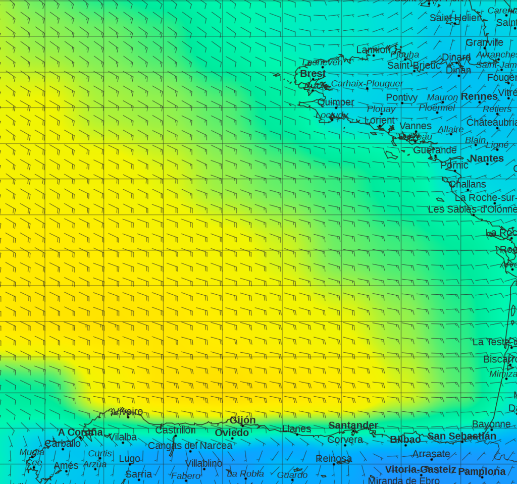 Les prévisions pour notre arrivée à la Corogne. Ca sent la vilaine houle.